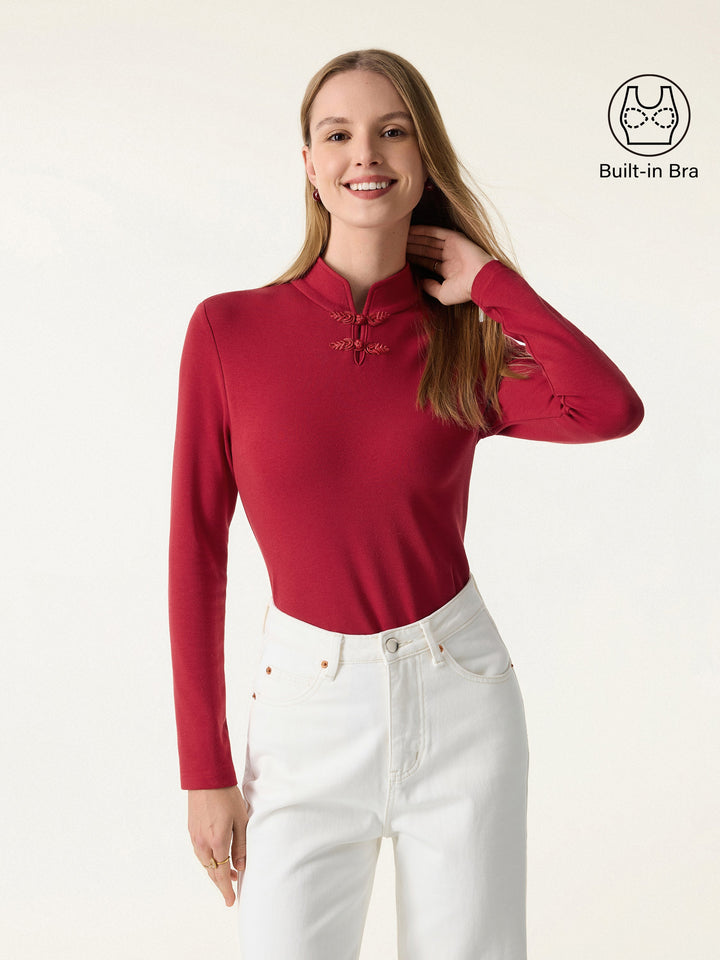 Mandarin Collar Long Sleeve Brami with Frog Buttons Luxe Red XS