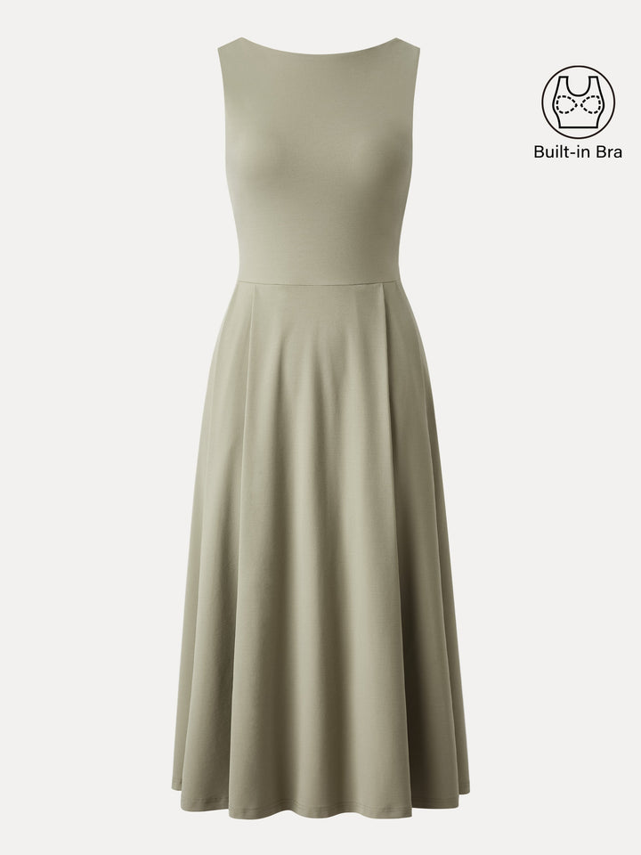 Boatneck Bamboo Ponte Brami Midi Dress with Pockets Artichoke Green XS