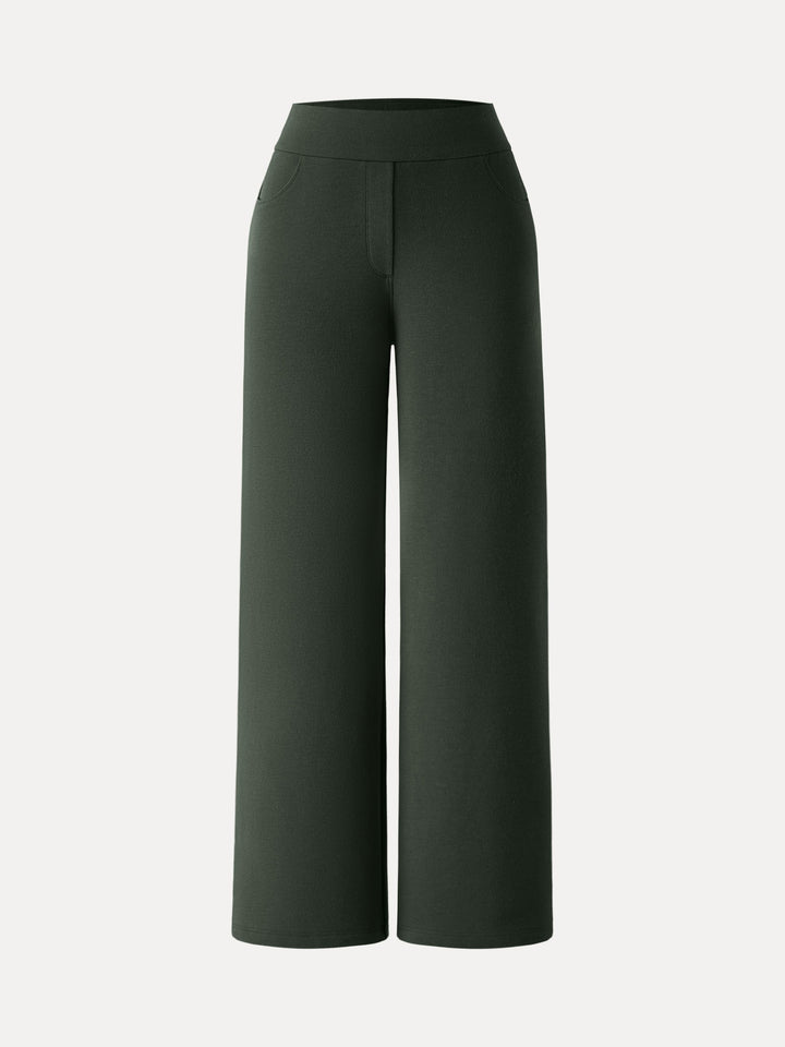 Mid Rise Wide Waistband Wide Leg Pull-on Pants with Pockets Petite Green Forest