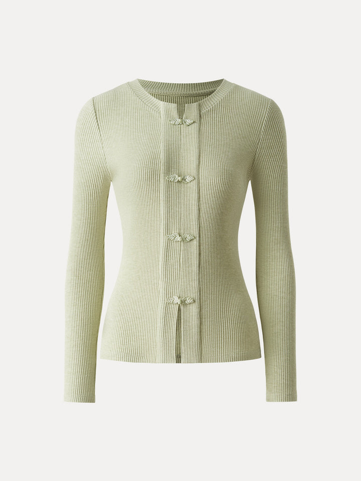 Ribbed Frog Button Round Neck Long Sleeve Top