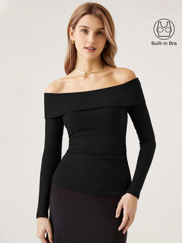 Long Sleeve Off The Shoulder Brami Top Black 2XL