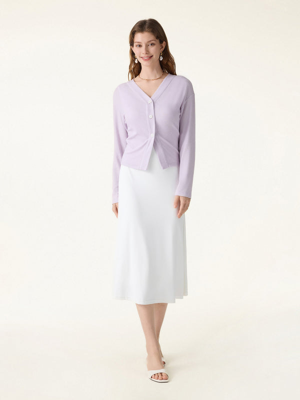 Textured Rib Relaxed V-Neck Button-Up Cardigan