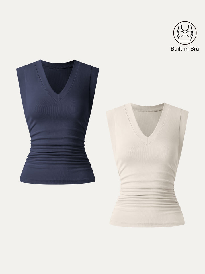 2Pcs Set Brami Stretch Cotton V-neck Side Ruched Muscle Top