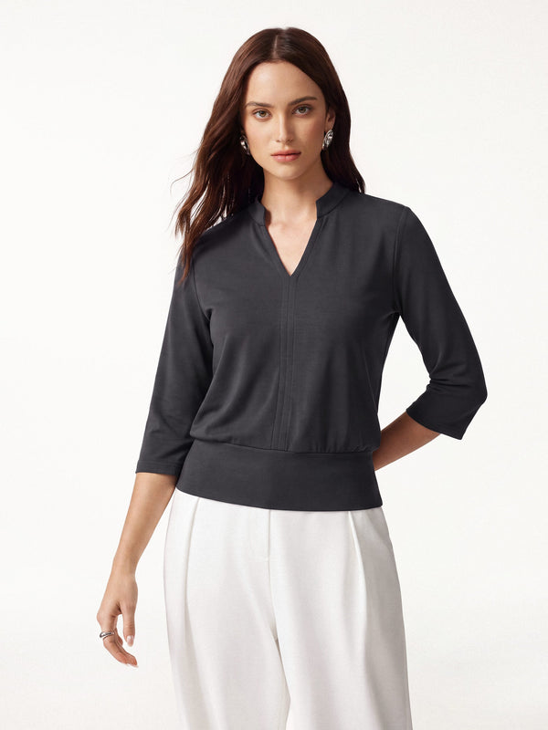 OGLmove Lyocell Spacer Knit V-Neck Elbow Sleeve Banded Hem Top Blue Charcoal XXS