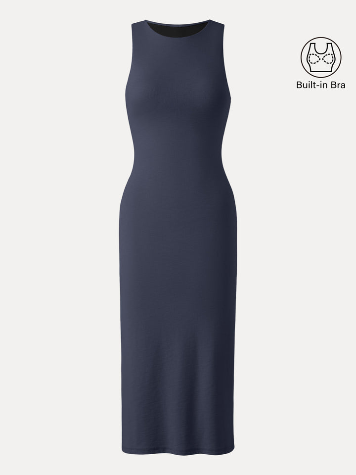 Stretch Cotton Crewneck Midi Brami Dress with Back Slit Navy XS