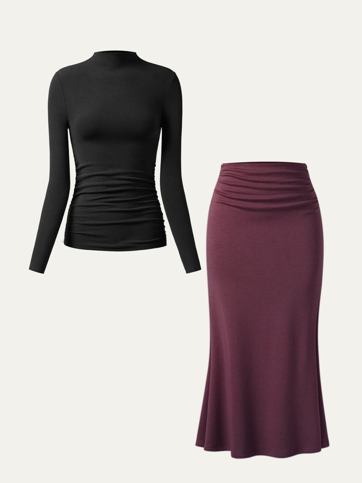 2Pcs Set Ruched Sides Mockneck Top & Mermaid Maxi Skirt Black/Plum XS