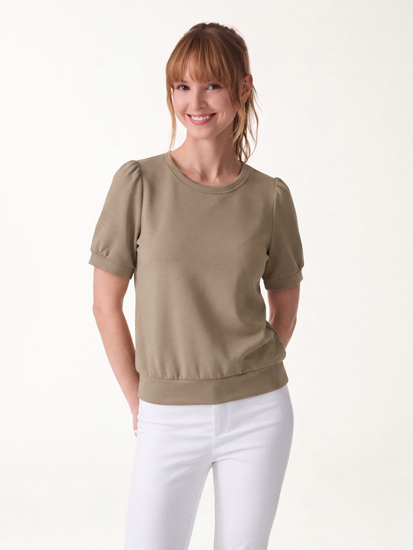 OGLmove Lyocell Spacer Round Neck Puffed Short Sleeve Top Dark Khaki Brown XXS