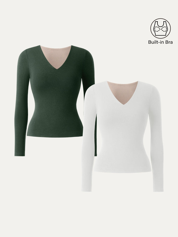 2Pcs Set Stretch Cotton V-Neck Long Sleeve Brami Top White/Deep Bush XS