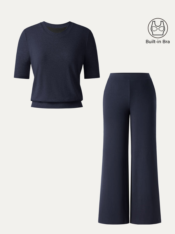 OGLmove 2Pcs Set Petite Wide Leg Pant with Pockets & Crewneck Bra Top