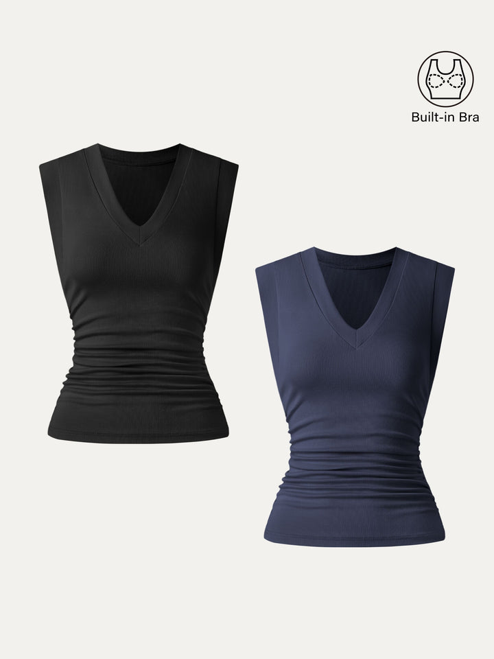 2Pcs Set Brami Stretch Cotton V-neck Side Ruched Muscle Top