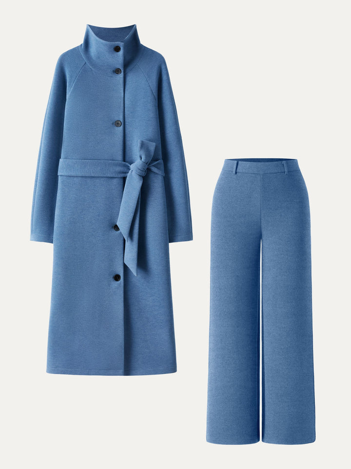 2Pcs Set FuzzLuxe Belted Tunnel Coat & Mid Rise Straight Leg Pull-on Pants