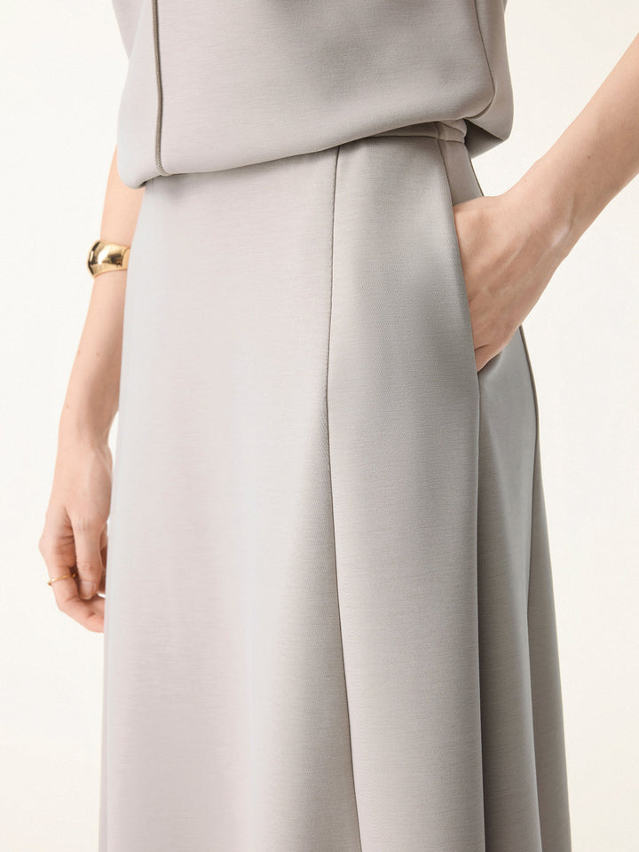 2Pcs Set V-neck Top with Sleeve Warmers & Mid Rise Flared Midi Skirt with Pockets