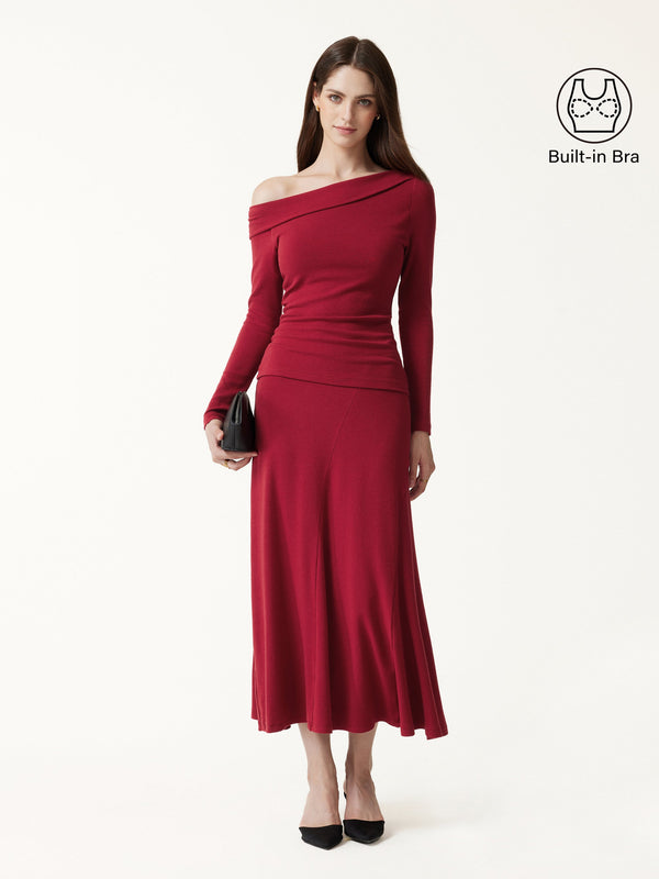 OGLmove 2Pcs Set Asymmetrical Neck Long Sleeve Bra Top & High-Rise A-Line Midi Skirt Brick XXS