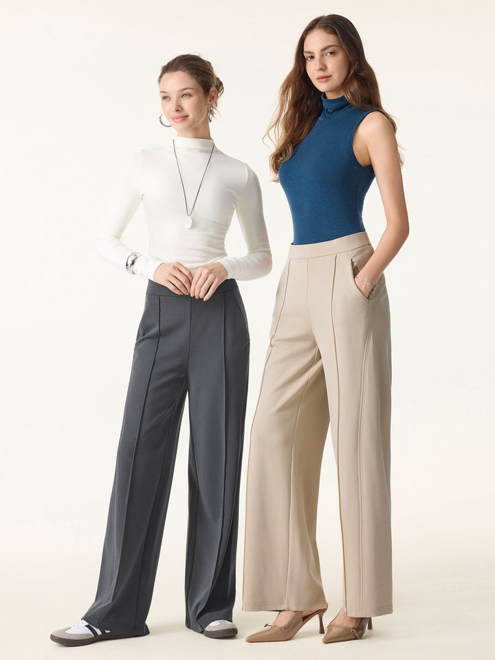 Wrinkle-Resistant Mid Rise Wide Leg Pants with Pockets