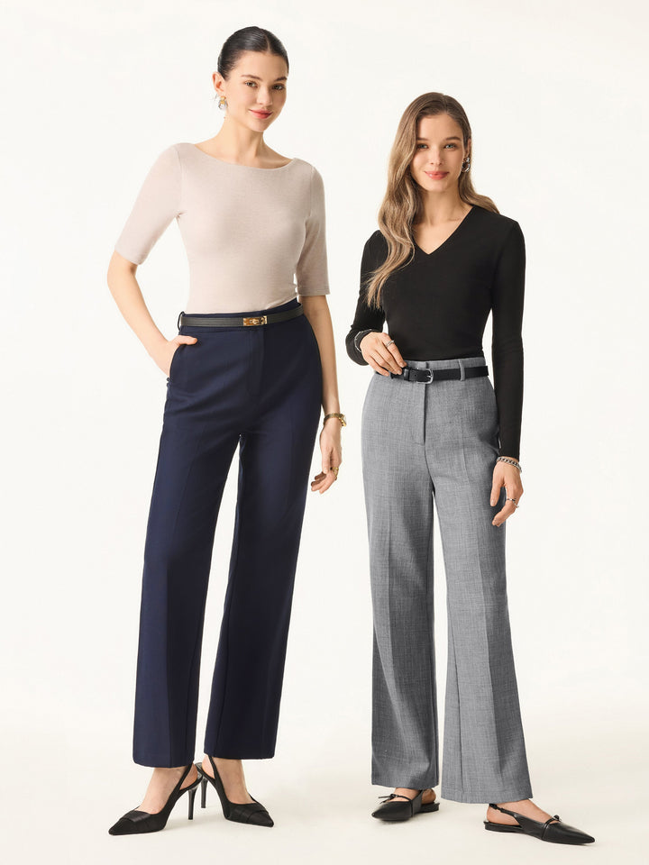 Stretch Wool Mid Rise Flared Trousers with Pockets