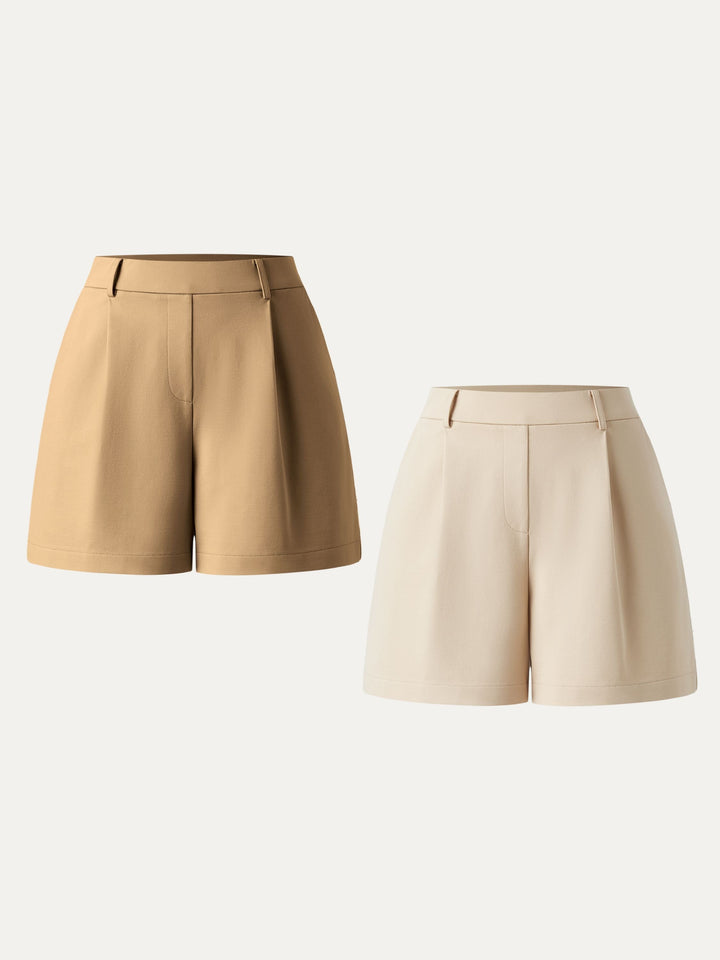 2Pcs Set Mid Rise Smart Pleated Pull-on Shorts with Pockets Beige/Pale Gold XS