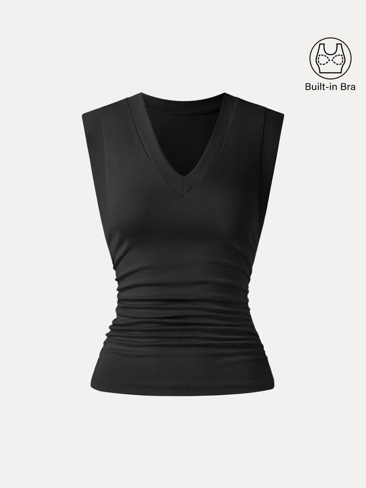 Stretch Cotton V-neck Side Ruched Muscle Tee