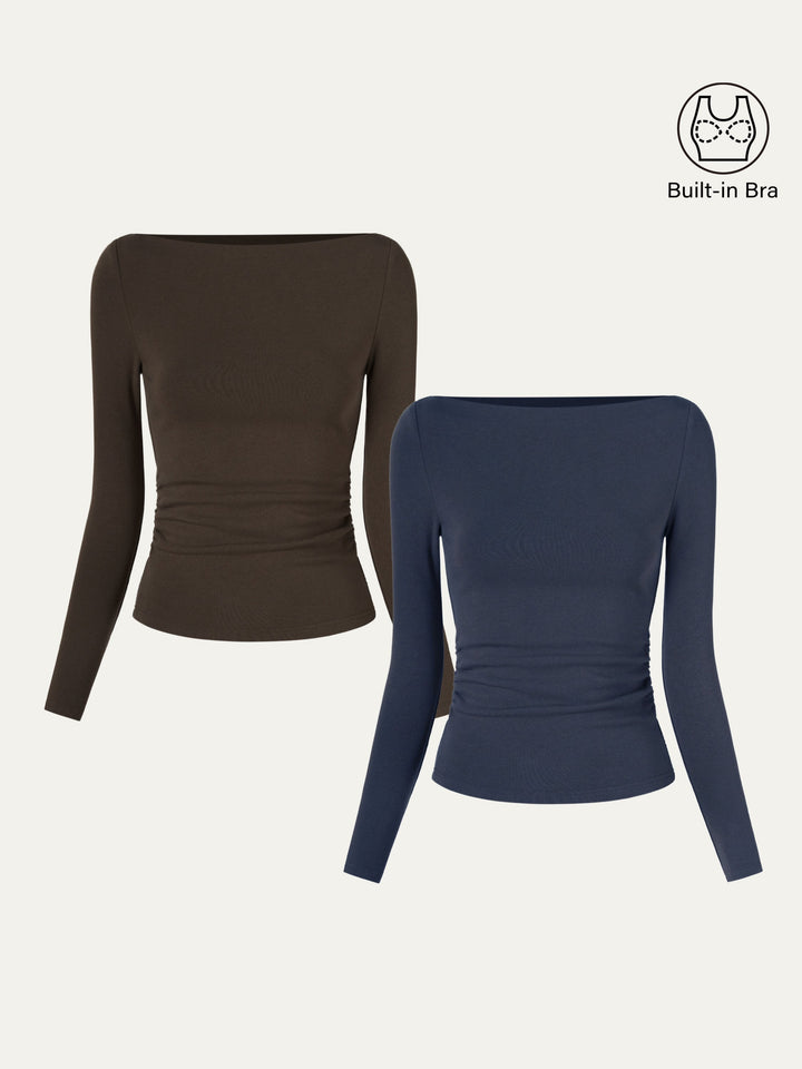 2Pcs Set Modern Side Ruched Boatneck Brami Top Indigo/Espresso XS