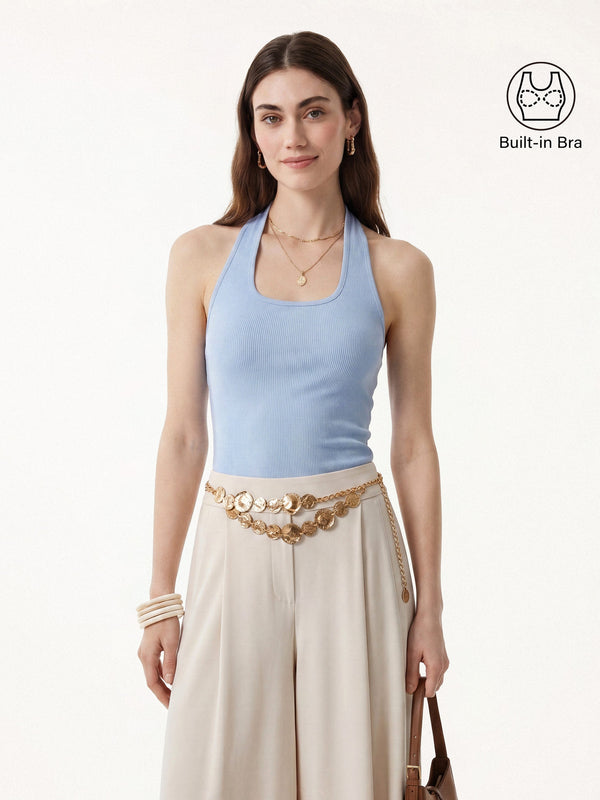 OGLmove Cotton Square Halter Neck Bra Tank Light Baby Blue XS