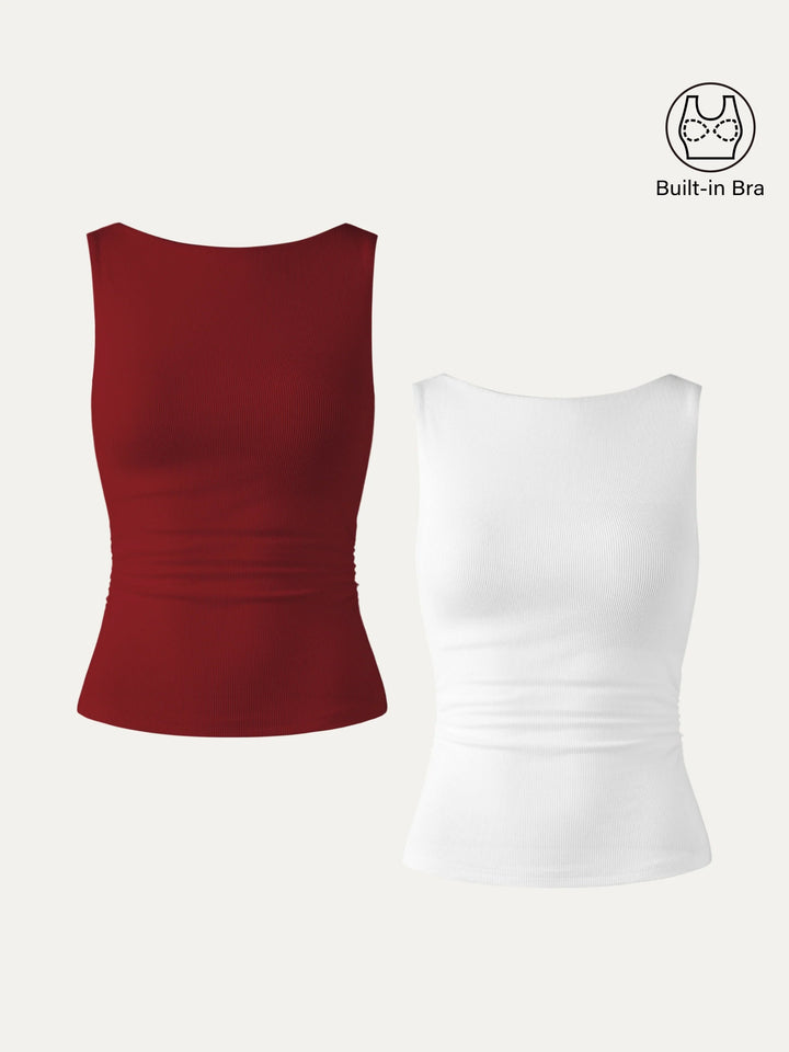 2Pcs Set Elastic Open Back Brami Tank White/Retro Red XS