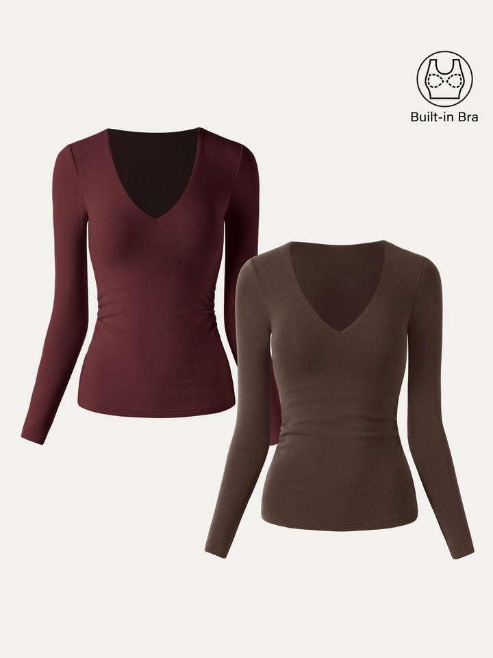V-Neck Ruched Sides Brami Top Espresso/Ruby XS