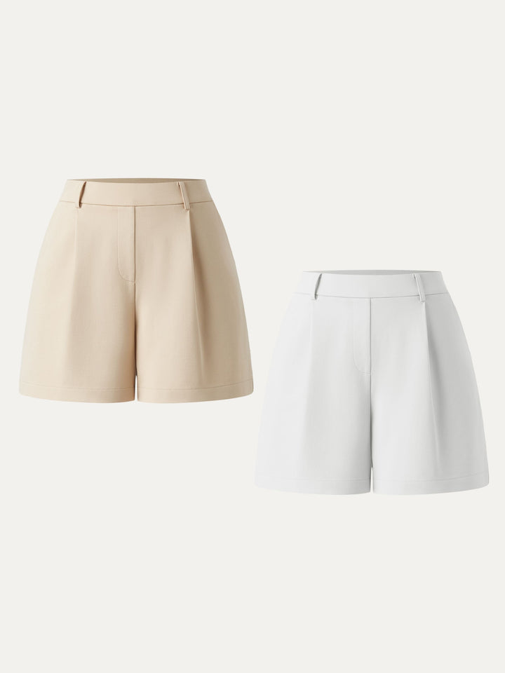 2Pcs Set Mid Rise Smart Pleated Pull-on Shorts with Pockets White/Beige XS