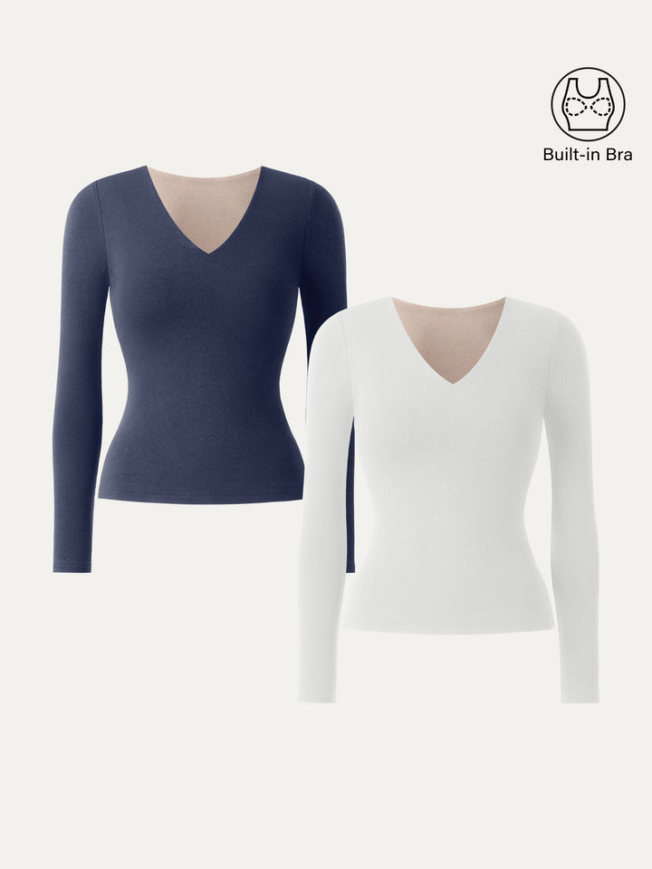 2Pcs Set Stretch Cotton V-Neck Long Sleeve Brami Top White/Indigo XS