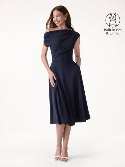 OGLmove Asymmetrical Shoulder Tucked Midi Bra Dress with Pockets Navy XS