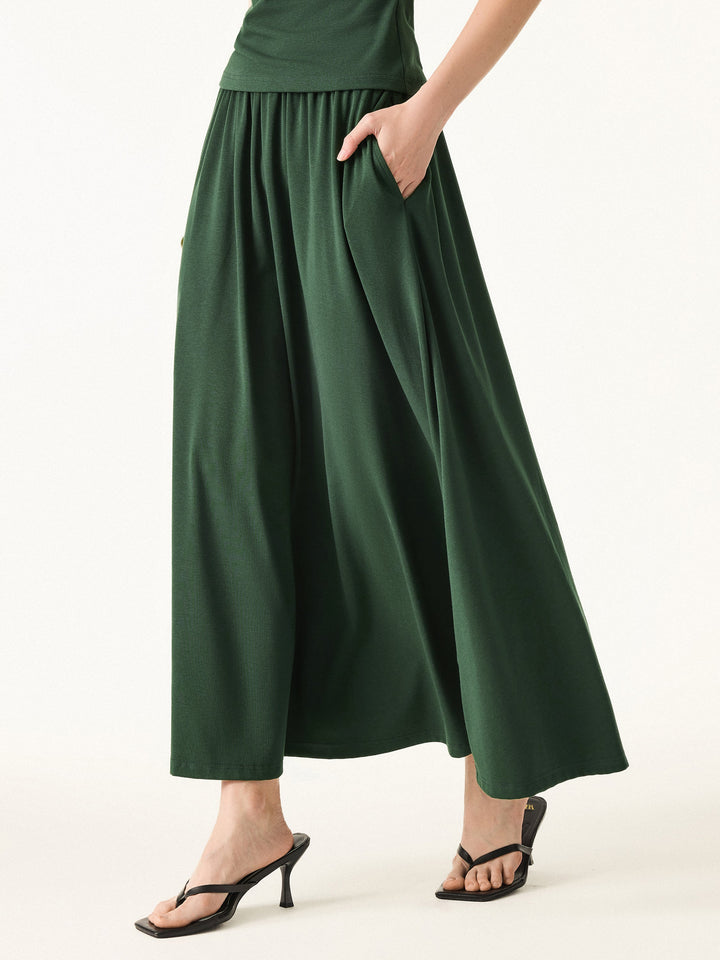 Stretch Cotton Maxi Umbrella Skirt with Pockets Bush Green XS