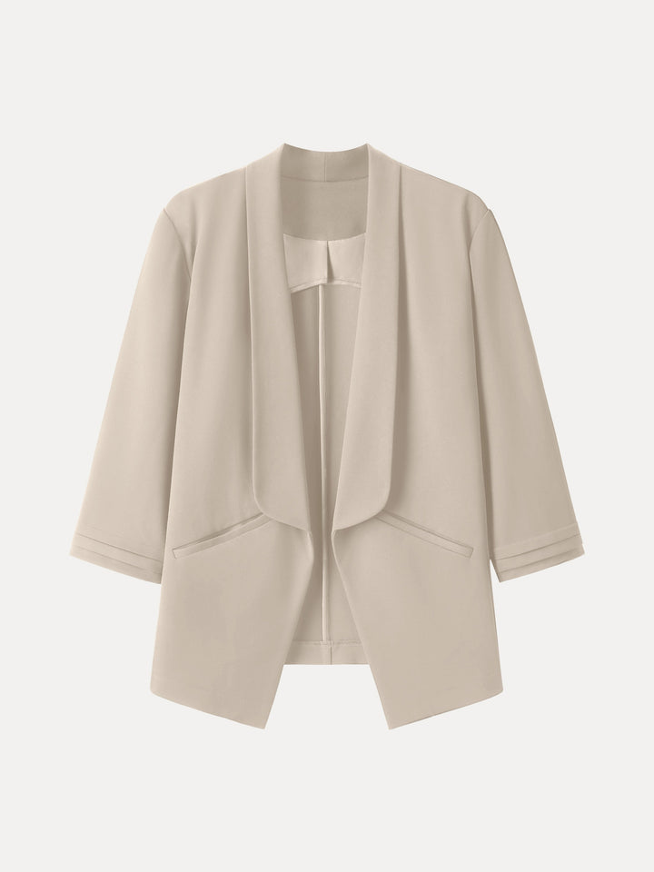 Stretch Ponte Shawl Lapel 3/4 Sleeve Blazer with Pockets Sand Tan XS