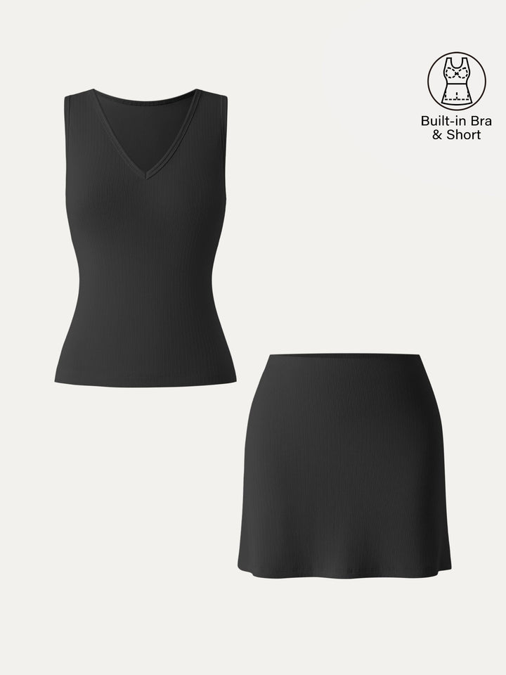 2Pcs Set V-neck Sleeveless Brami Tank & A-line Mini Skirt with Built-in Shorts Black XS