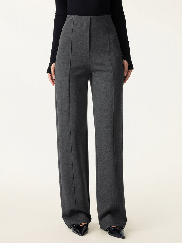 Stretch Ponte High Rise Straight Leg Pants with Pockets Regular Heather Black