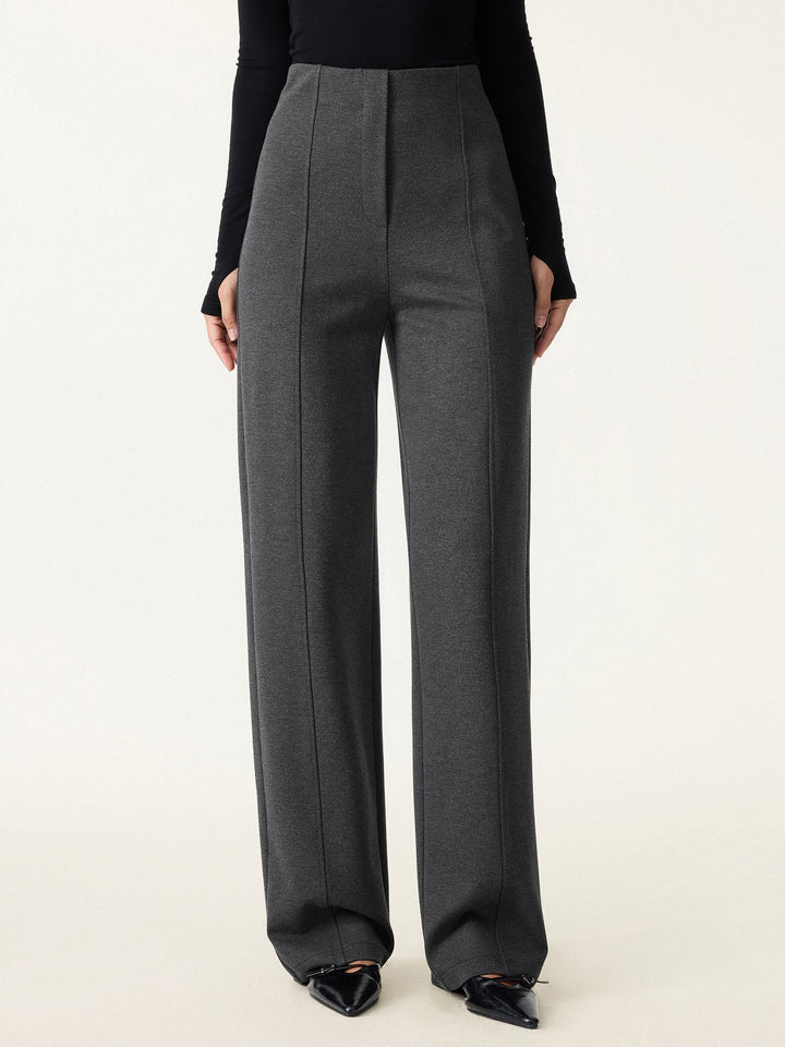 Stretch Ponte High Rise Straight Leg Pants with Pockets Regular Heather Black