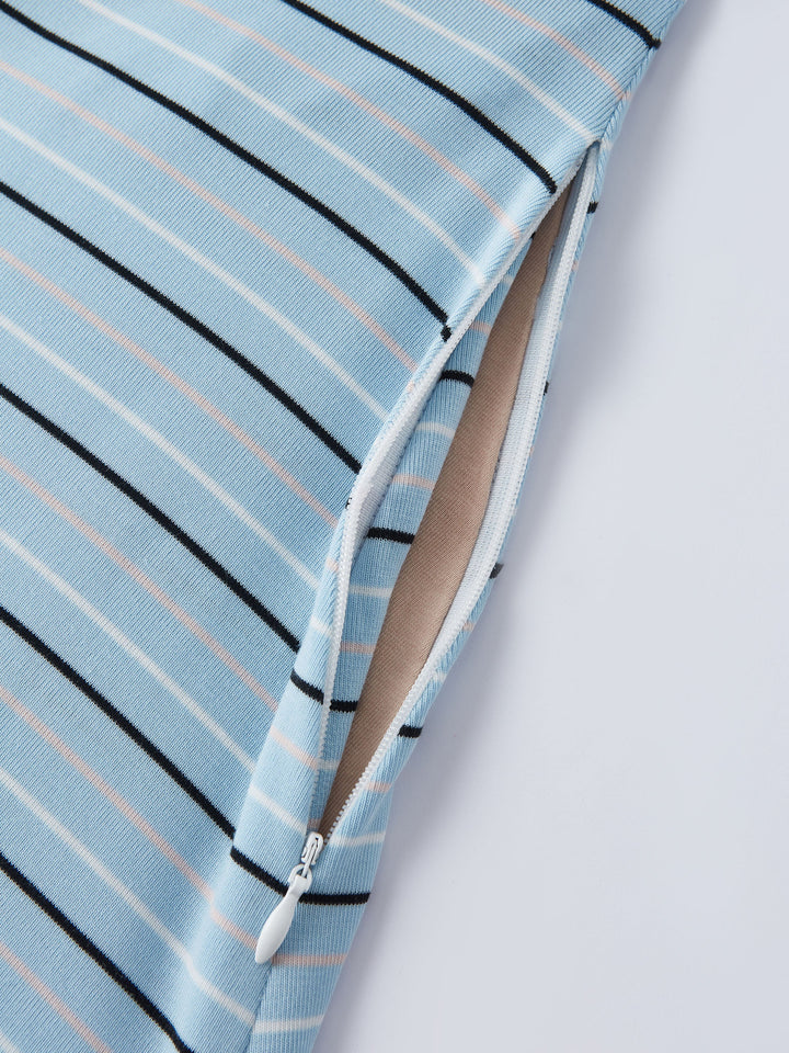 V-neck Low Back Striped Midi Brami Dress with Pockets