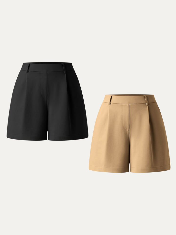 2Pcs Set Mid Rise Smart Pleated Pull-on Shorts with Pockets Black/Pale Gold XS