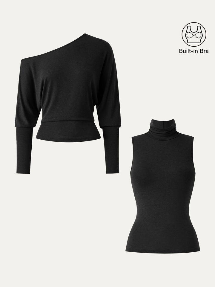 2Pcs Set Lyocell Cashmere Cold-Shoulder Semi-Sheer Top & Turtleneck Brami Tank Black XS