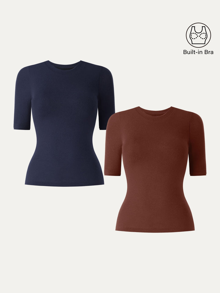 Lyocell Cashmere Crewneck Layered Cuff Brami Smoky Navy/Rust Orange XS