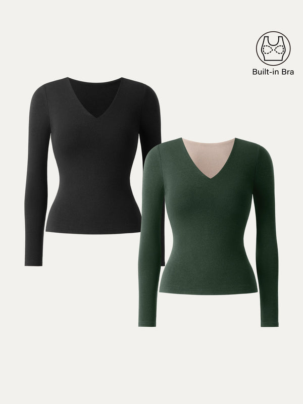 2Pcs Set Stretch Cotton V-Neck Long Sleeve Brami Top Black/Deep Bush XS
