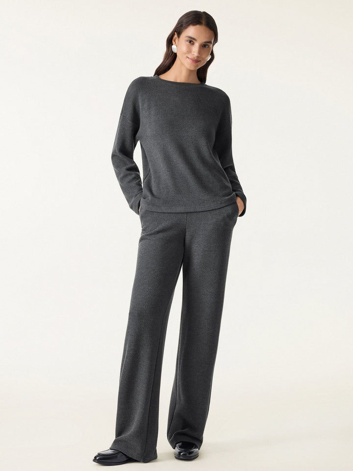 2Pcs Set Crew Neck Long Sleeve Top & Mid Rise Straight Leg Pants with Pockets