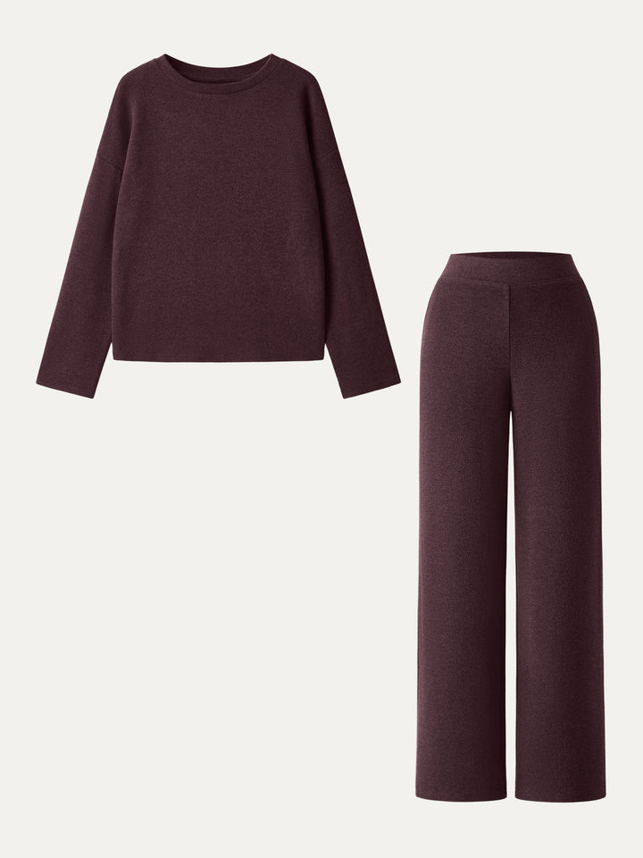 2Pcs Set Crew Neck Long Sleeve Top & Mid Rise Straight Leg Pants with Pockets Ruby Berry XS
