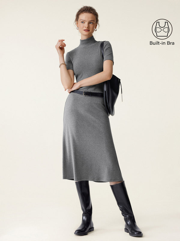 OGLmove 2Pcs Set Mockneck Short Sleeve Brami Top & Pull-On Midi Skirt Heather Carbon XXS