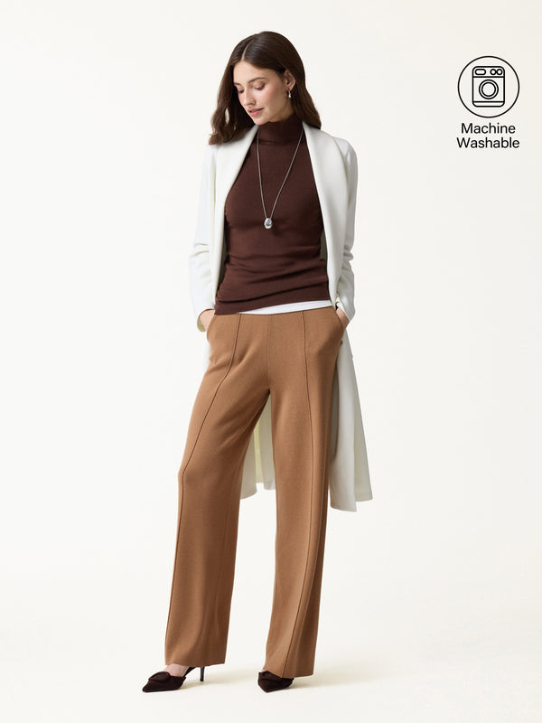 OGLmove Merino Blend High-Rise Pintuck Wide-Leg Pants with Pockets Peanut Butter Brown XS