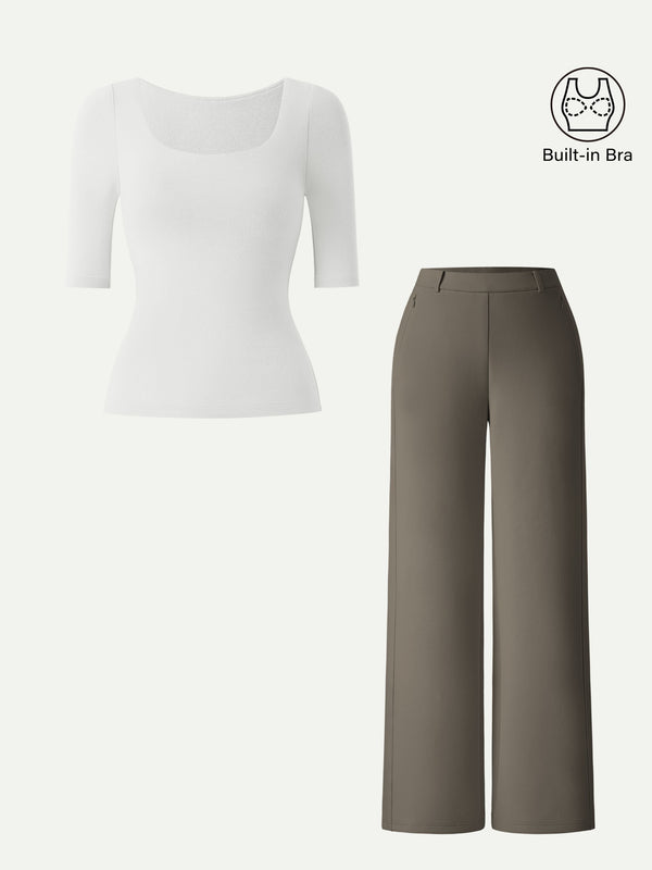 2Pcs Set Square Neck Elbow Length Sleeve Brami & High Rise Wide Leg Pants White/Deep Dry Olive XS