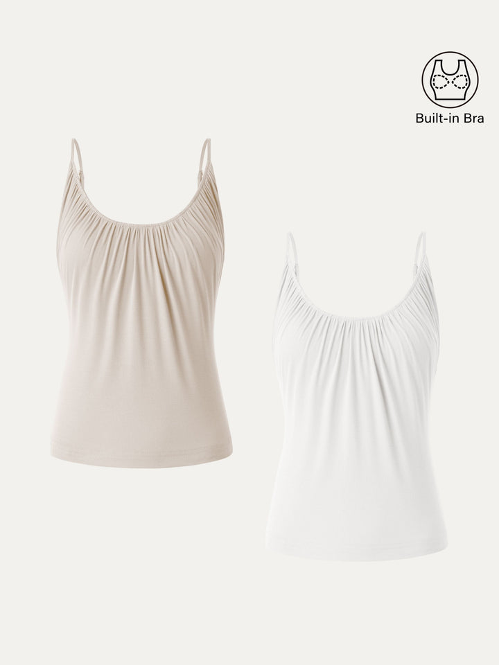 2Pcs Set Hip Length Scoop Neck Gathered Spaghetti Brami Top Pure White/Fog XS