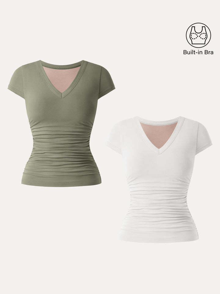 2Pcs Set Elevated V-neck Side Ruched Cap Sleeve Brami Tee Pure White/Tate Olive XS