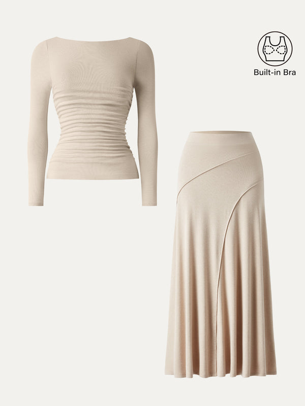 OGLmove 2Pcs Set LiteWarm Boatneck Built-In Bra Top & Drapey A-Line Maxi Skirt