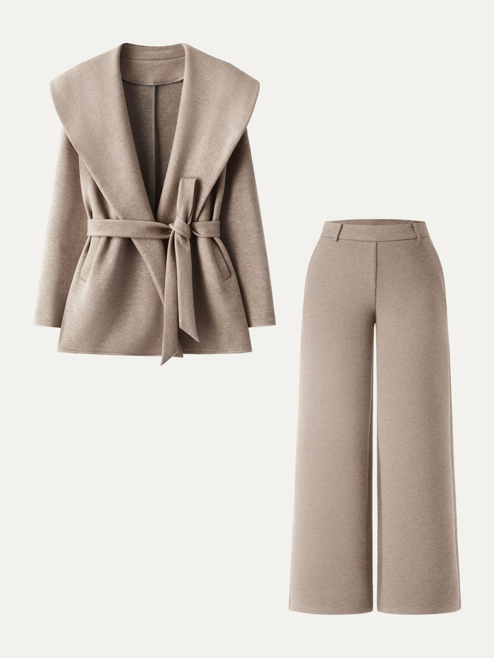 2Pcs Set Petite Straight Pants with Pockets & Belted Shawl Collar Robe Jacket Heather Taupe XS