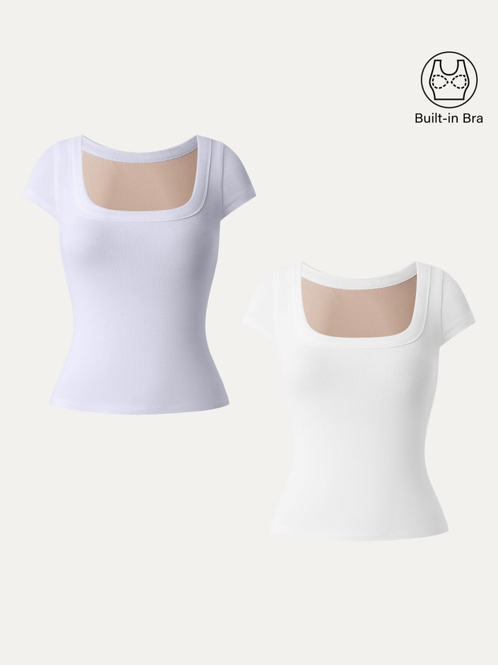 2Pcs Set Stretch Cotton Square Neck Cap Sleeve Brami White/Powder Lilac XS