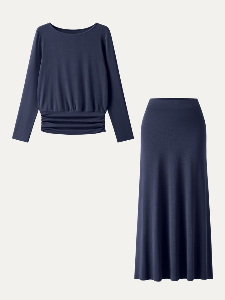 2Pcs Set Light Warm Round Neck Side Ruched Top & Pull-on Circle Flared Maxi Skirt Indigo XS