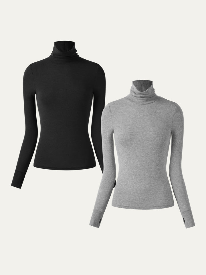 Wool Semi-Sheer Turtleneck Top Black/Heather Grey XS